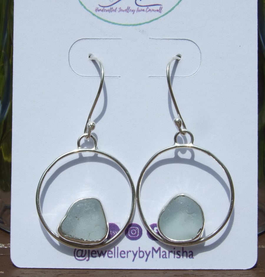 Fine Silver & Recycled Silver Round Seaglass Earrings in Light Aquamarine