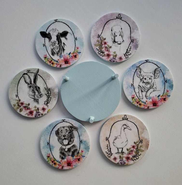 Set of 6 Farm Animal Coasters, Decoupaged Wooden Drinks Mats with Holder
