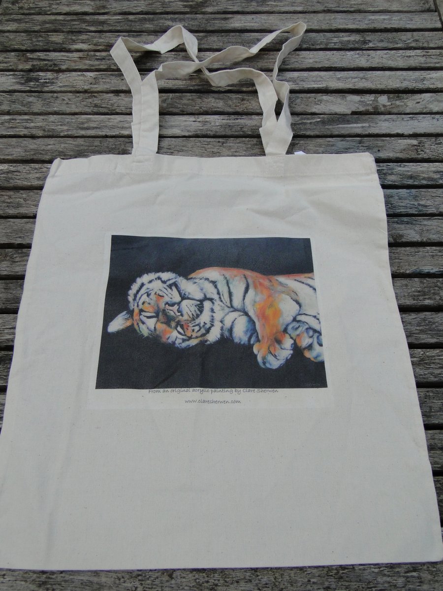 Sale Sleepy Tiger Transfer Print Cream Tote Shopping Bag