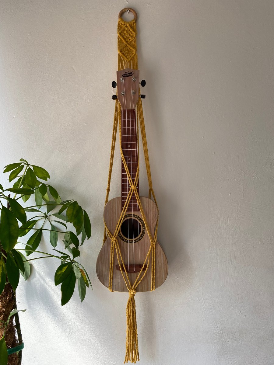 Mustard macrame ukulele hanger, music home decor, ukulele strap, ukulele sling