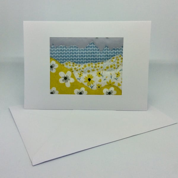 Card, flower meadows, mountains, quilted, fabric collage