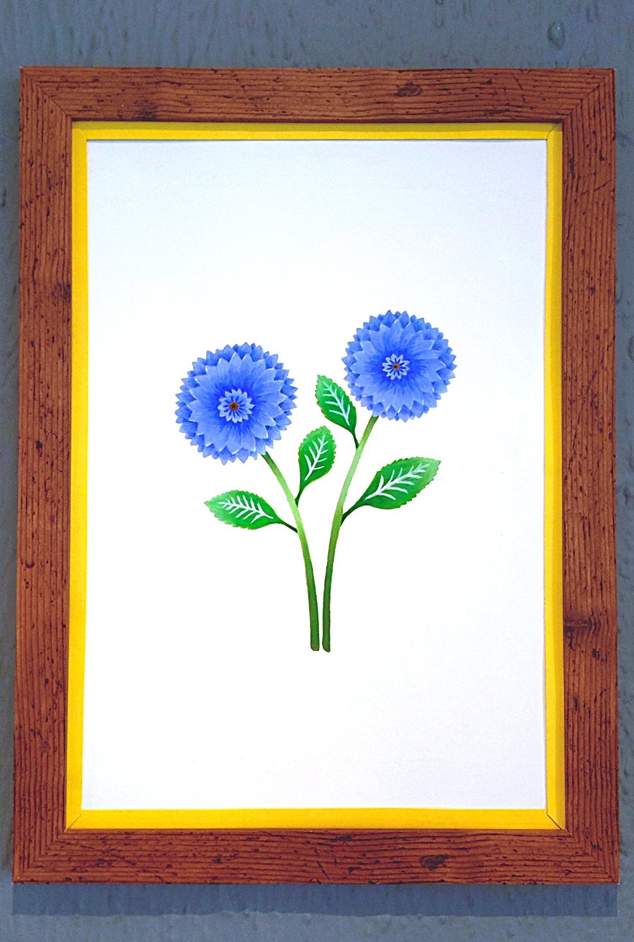 Genuine Made in UK Framed A3 Print Blue Dahlia Bold Yellow Border Wallart     