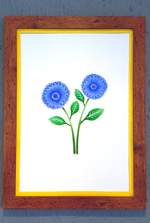 Genuine Made in UK Framed A3 Print Blue Dahlia Bold Yellow Border Wallart     