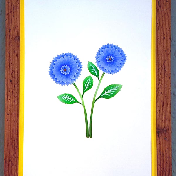Genuine Made in UK Framed A3 Print Blue Dahlia Bold Yellow Border Wallart     