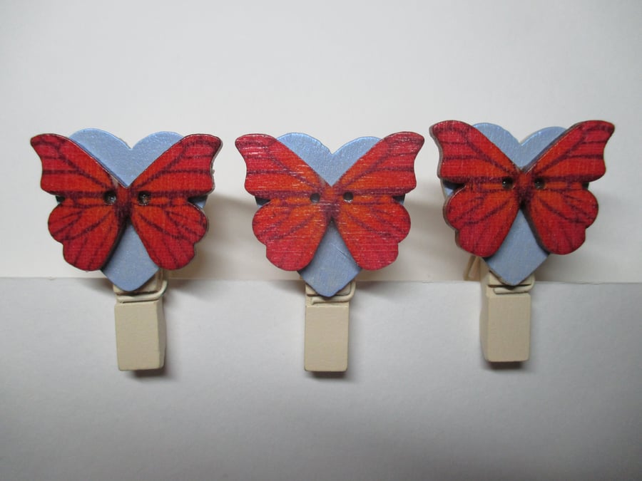 Butterfly on Love Heart Peg Clip Mini Peg Set of three Red and Blue