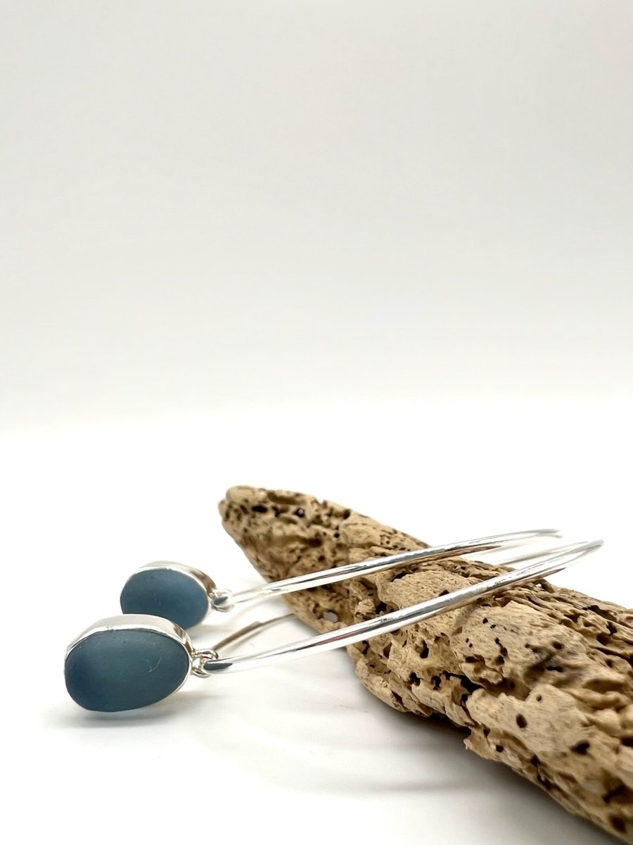 Cornflower Blue Sea Glass Statement Hoop Earrings