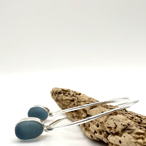 Cornflower Blue Sea Glass Statement Hoop Earrings