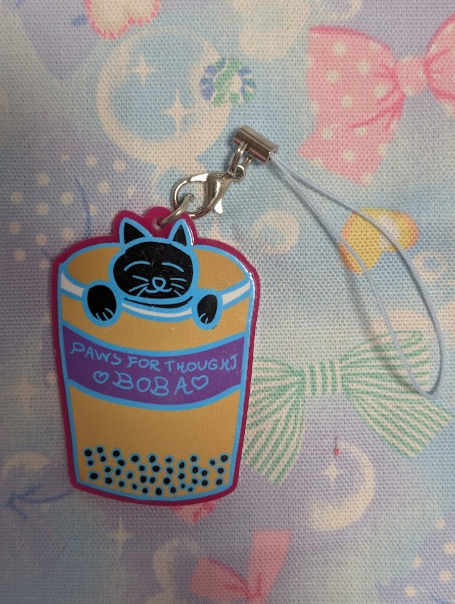 Black Cat Sitting In a Boba Tea Cup Phone Strap