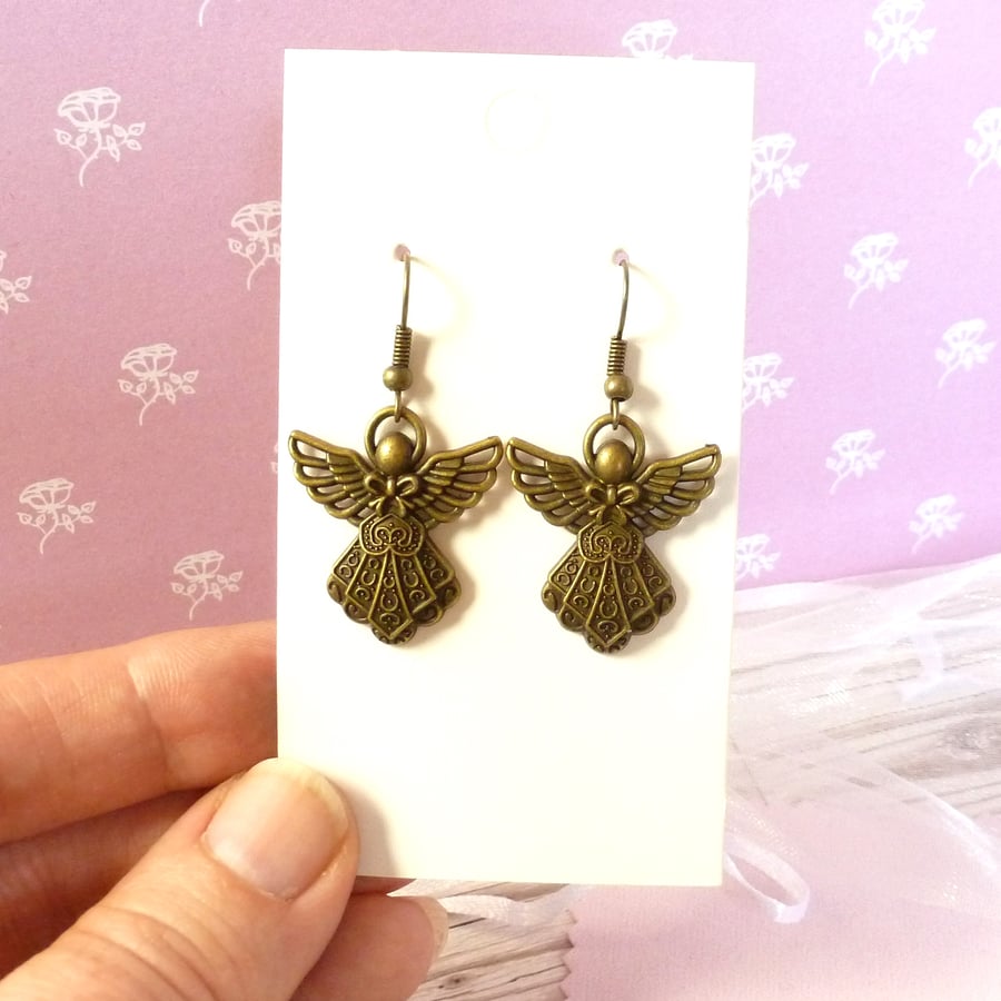 Bronze Angel Earrings, not just for Christmas, lightweight dangle earrings 