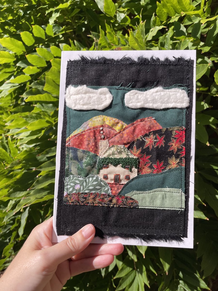 House in the mountains, textile hand embroidered 'new home'  keepsake card
