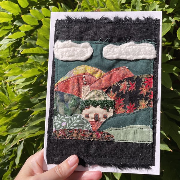 House in the mountains, textile hand embroidered 'new home'  keepsake card
