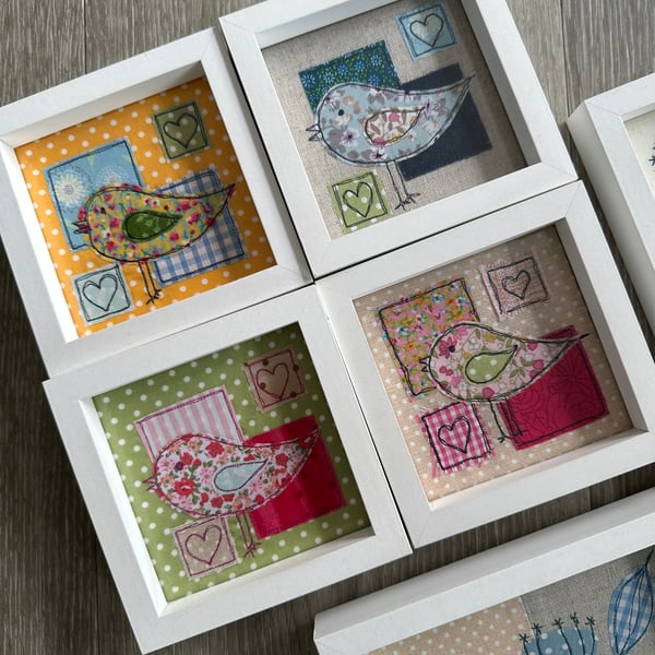 Framed Textile Art. Scrappy Birdie. Machine Embroidered Applique. Home Gift