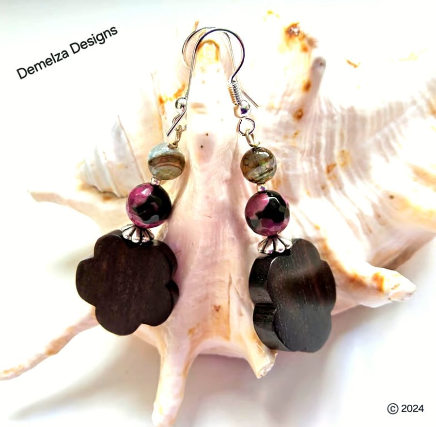 Faceted Agate & Carved Wood Flower Silver Plated Earrings