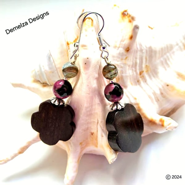 Faceted Agate & Carved Wood Flower Silver Plated Earrings