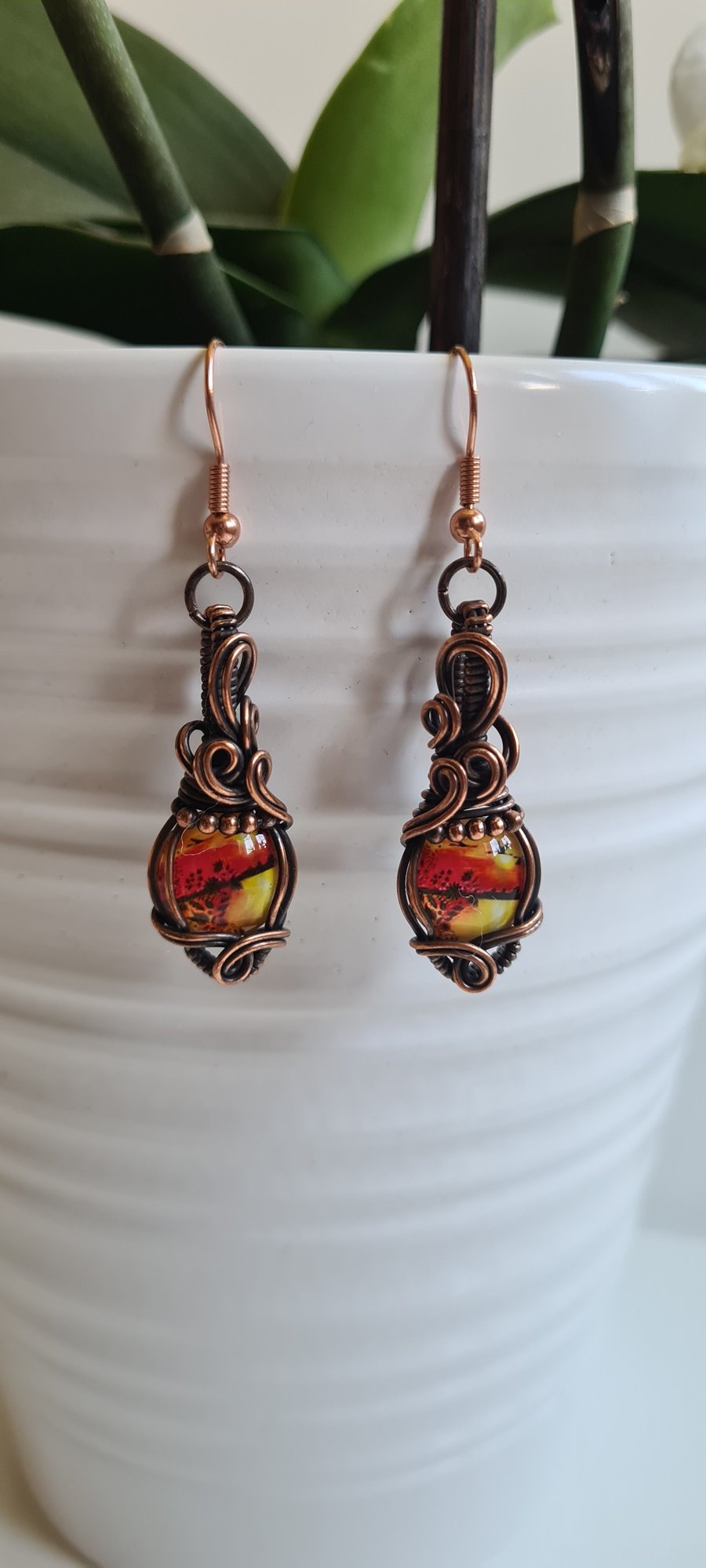 Handmade Red Yellow Sunset Glass & Copper Dangle Wire Wrapped Earrings Gift 