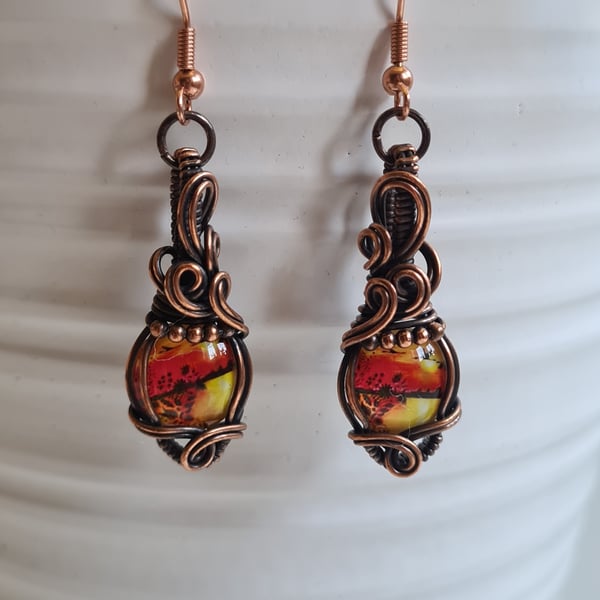 Handmade Red Yellow Sunset Glass & Copper Dangle Wire Wrapped Earrings Gift 