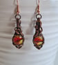 Handmade Red Yellow Sunset Glass & Copper Dangle Wire Wrapped Earrings Gift  - Image 1
