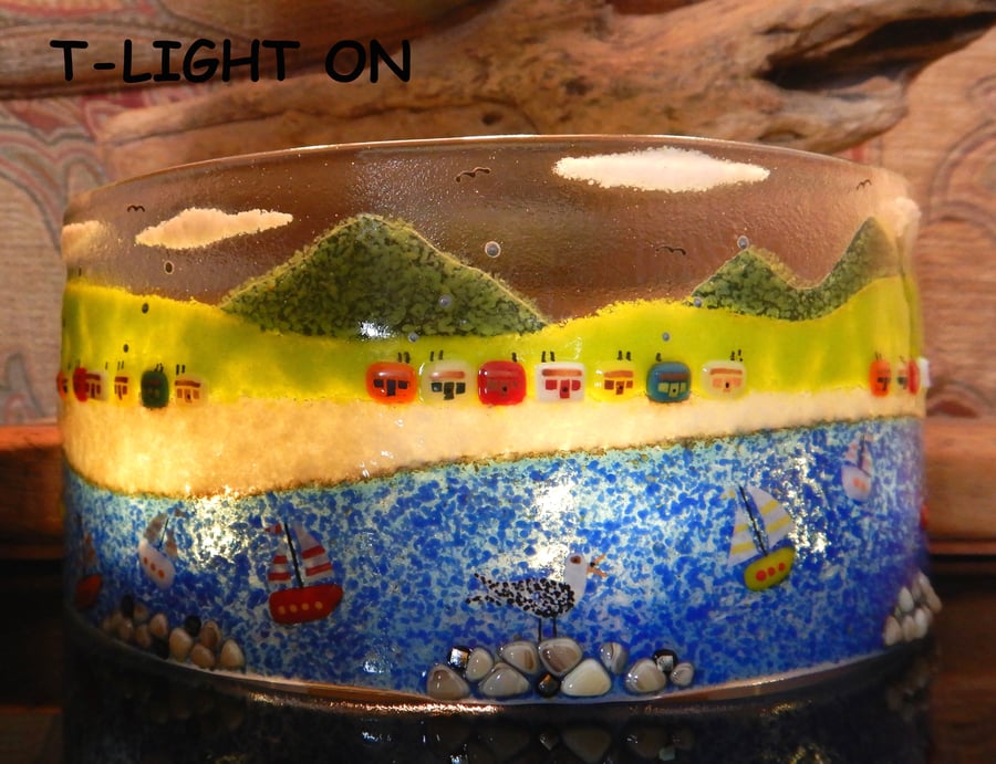 Fused Glass Free-standing curved 'Seascape' Picture and T-Light.