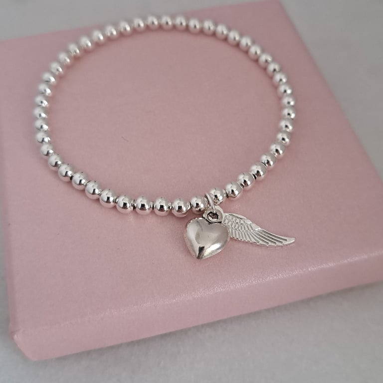 Silver Heart and Angel Wing Bracelet, Beaded Stretch Gift for Her