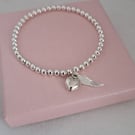 Silver Heart and Angel Wing Bracelet, Beaded Stretch Gift for Her