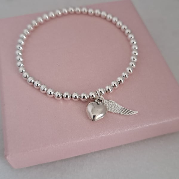 Silver Heart and Angel Wing Bracelet, Beaded Stretch Gift for Her