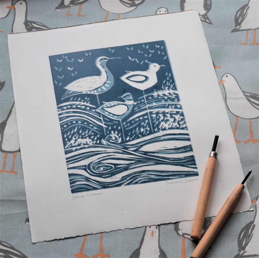 Seaside Waders-Original linocut print by Artist and Printmaker Christine Dracup