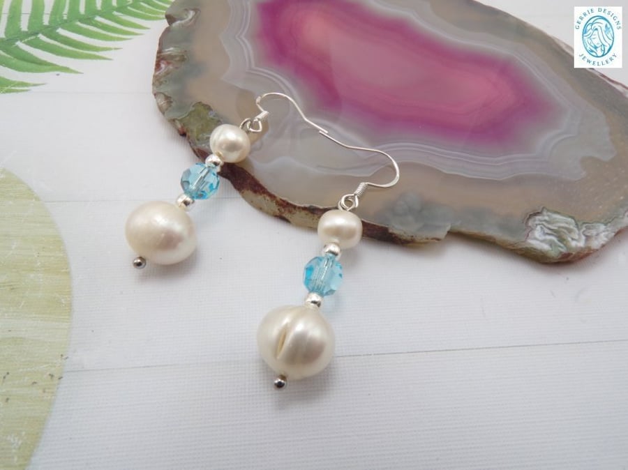 Pair of Silver Earrings. Freshwater Pearls & Czech Sky Blue Crystal Round Bead.