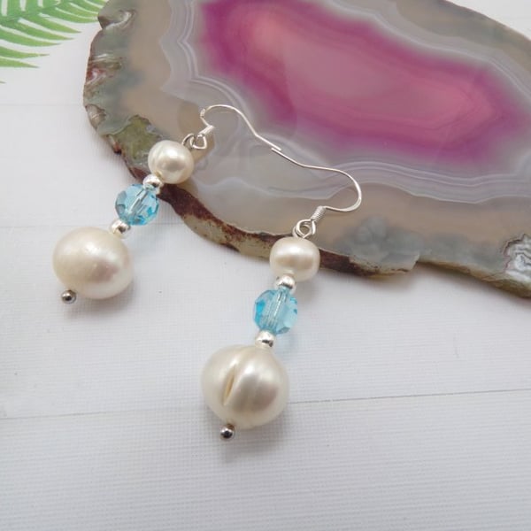 Pair of Silver Earrings. Freshwater Pearls & Czech Sky Blue Crystal Round Bead.