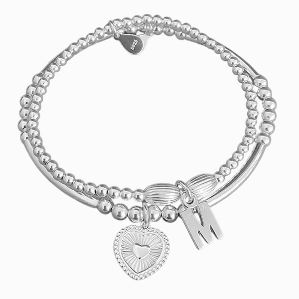 Sterling Silver Personalised Stretch Bracelet Set with Heart Charm 