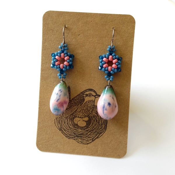 Pastel Pink and Blue Ceramic Beaded Drop Earrings