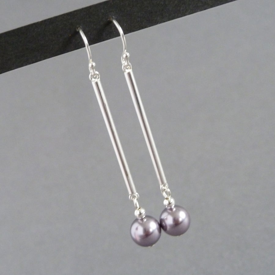 Long Lilac Pearl and Silver Bar Dangle Earrings - Simple Lavender Drop Earrings