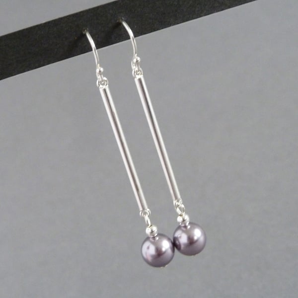 Long Lilac Pearl and Silver Bar Dangle Earrings - Simple Lavender Drop Earrings