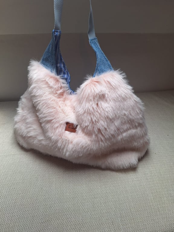 Light Pink Faux Fur and Upcycled Denim Handmade hobo bag. 