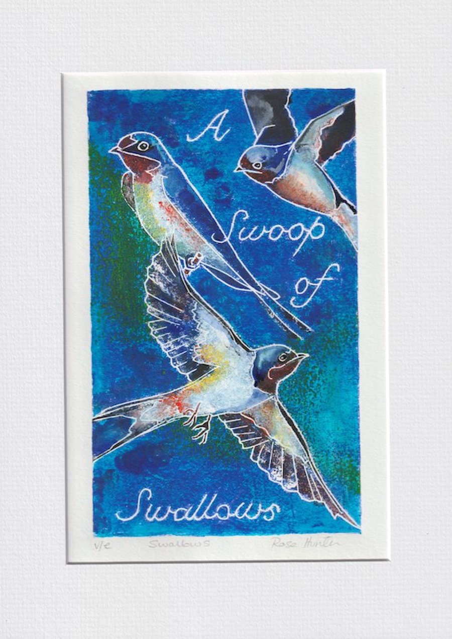 A Swoop of Swallows - 001 original hand painted Lino print