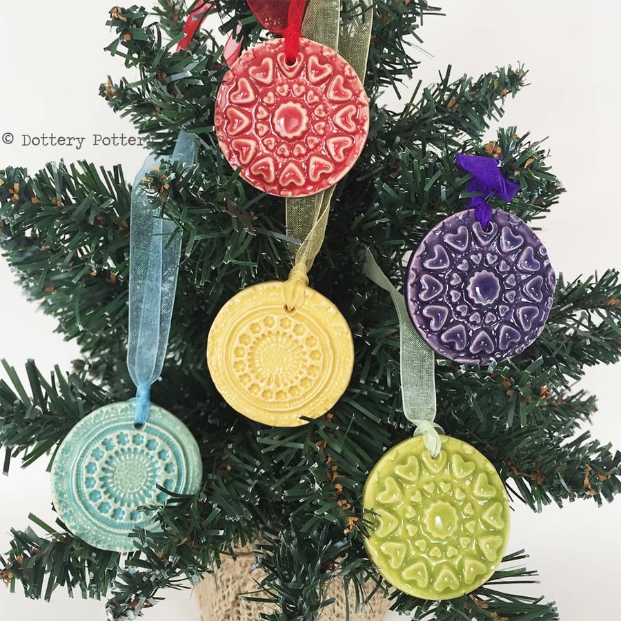 Christmas decorations set of five little bright round ceramic baubles Xmas