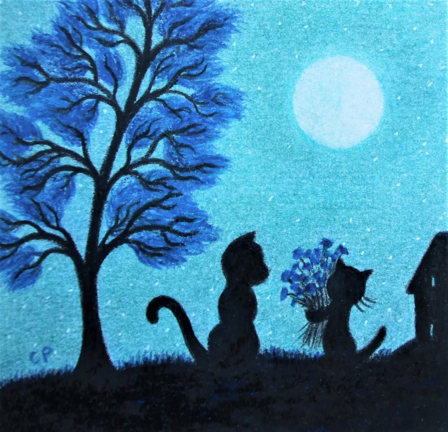 Cat Card, Daughter to Mum Card, Flowers Black Kitten Tree Moon Card, Blue Tree