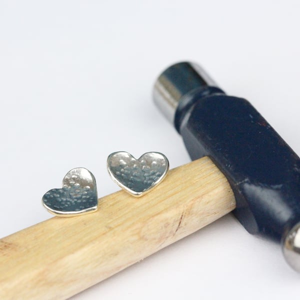 Silver textured love heart stud earrings 
