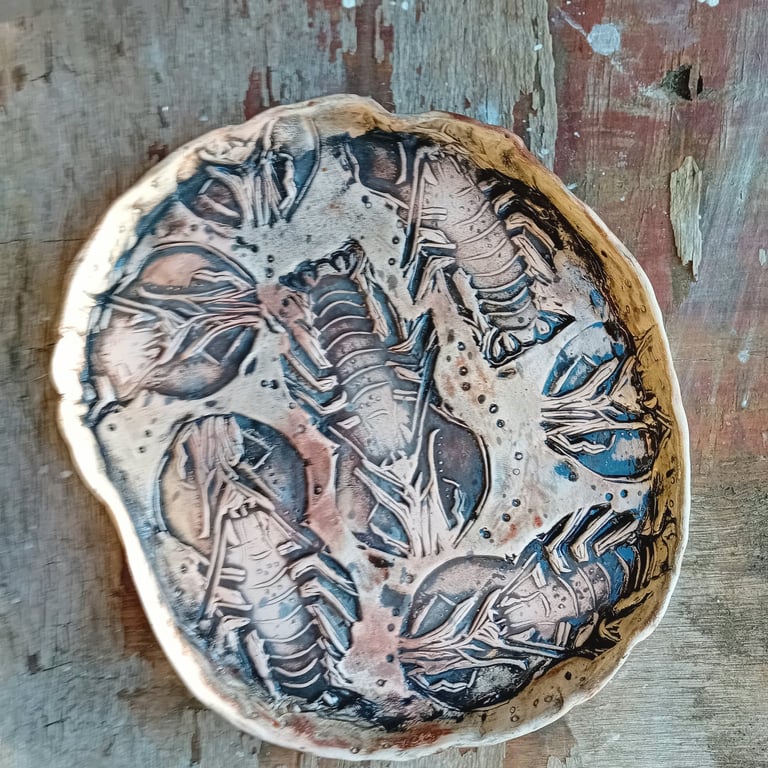 lobster rustic rimmed cake plate ceramic handmade stoneware in rust and black