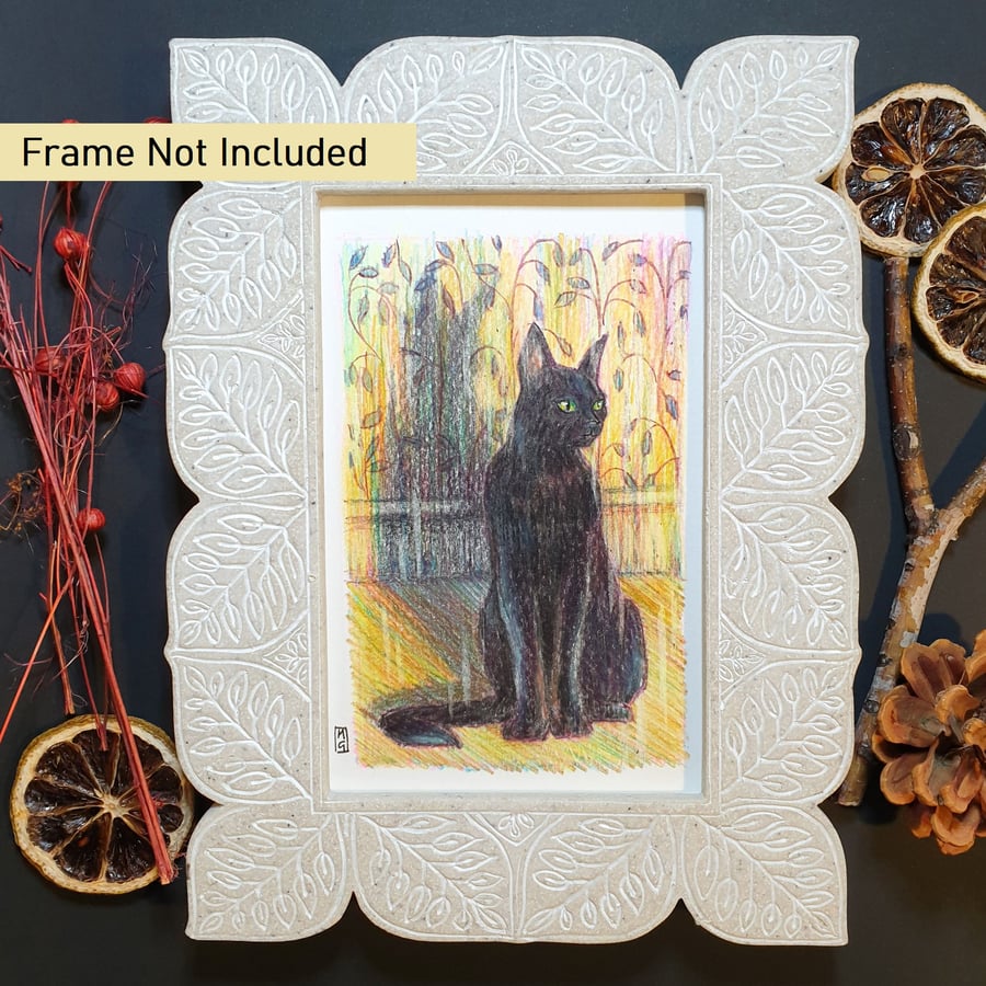 Black cat tiny drawing, small letterbox art gift, cat wall art