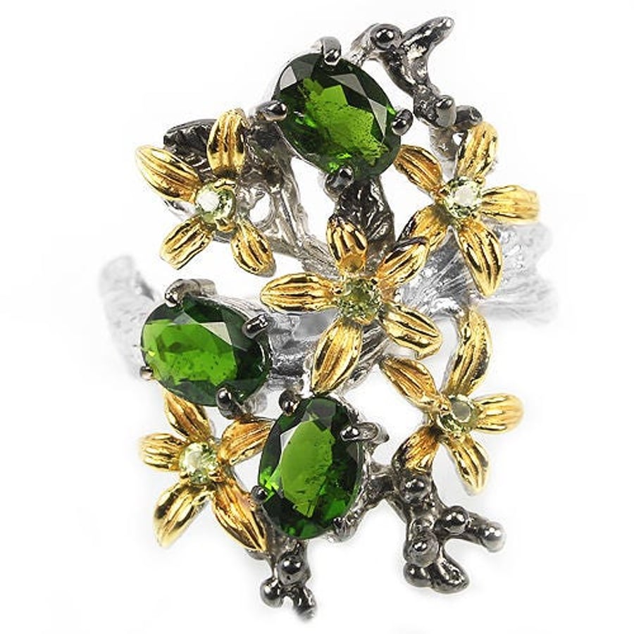 Chrome Diopside & Peridot Art Nouveau style Floral Foliate Ring 
