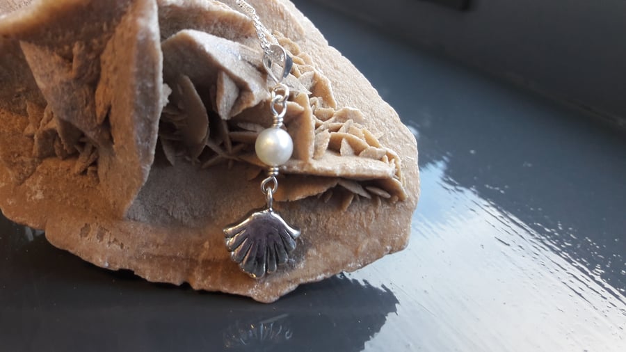 Sterling Silver Shell and Pearl Pendant on a Silver Chain
