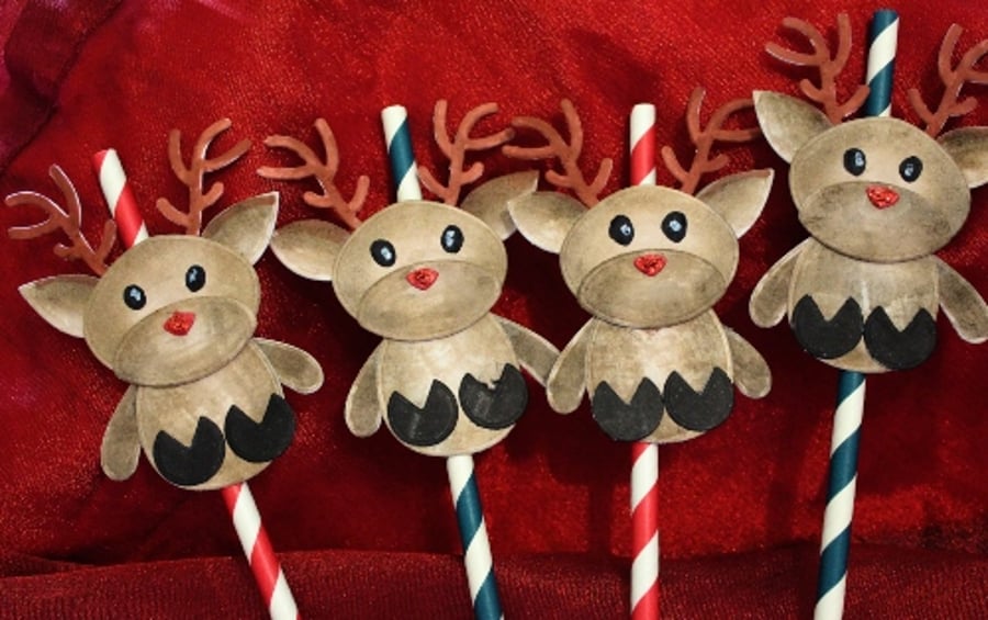 Christmas Rudolph Reindeer Paper Straws - Set of Six, Red,Green and White Stripe