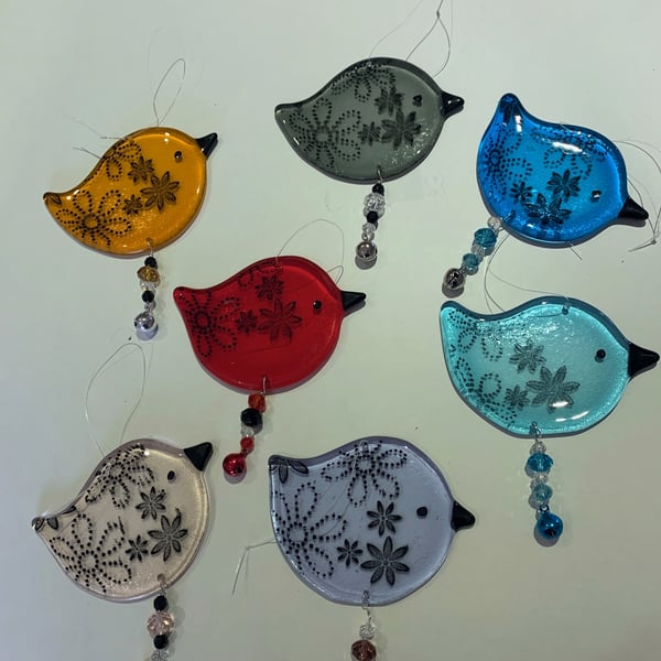 Handmade Fused Glass Beaded Hanging Bird Decoration
