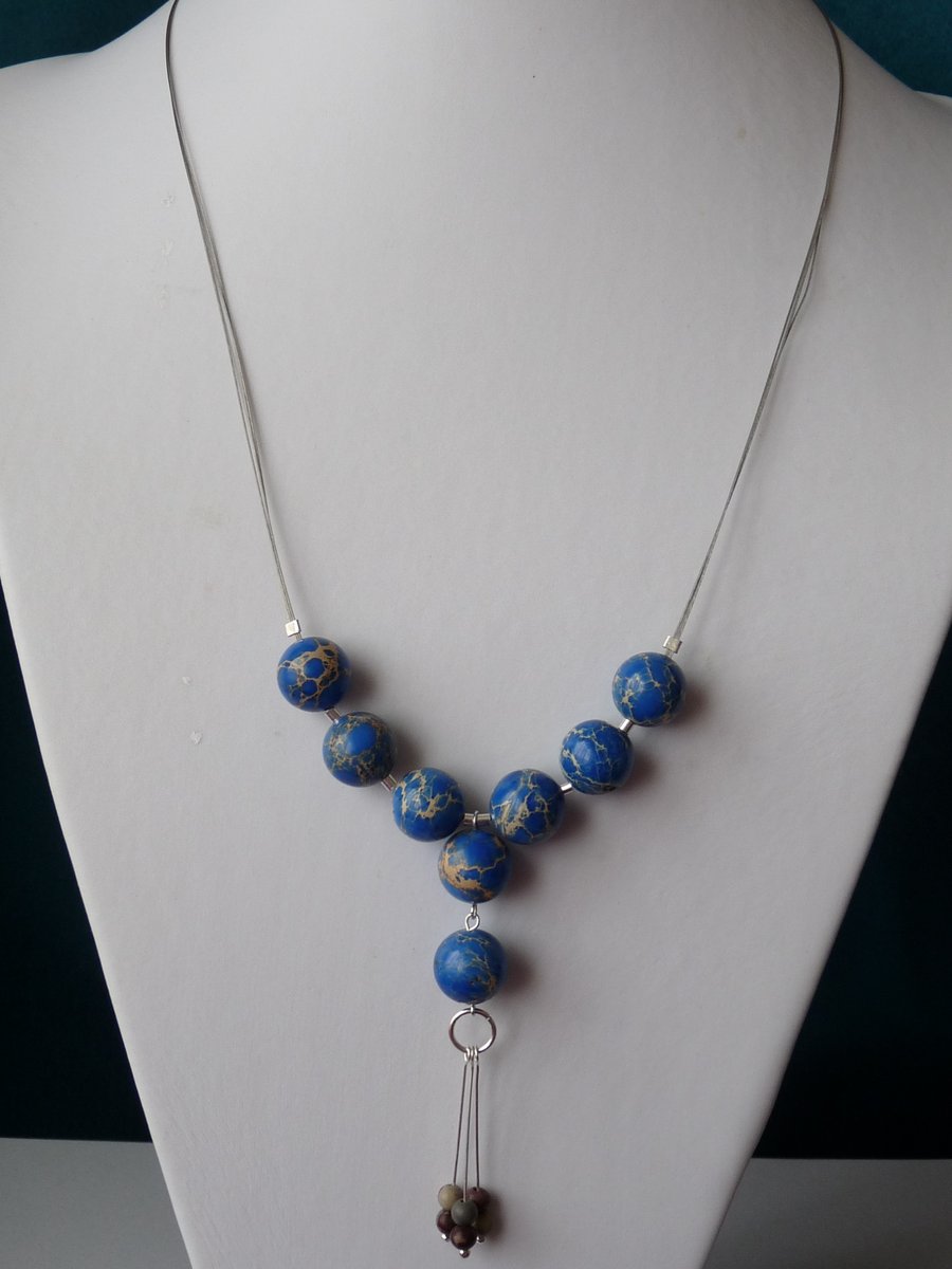 Blue Imperial Jasper Necklace  - Genuine Gemstone - Sterling Silver