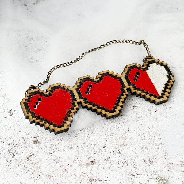 Pixel heart decoration, hand painted wooden 8-bit heart, hanging decoration