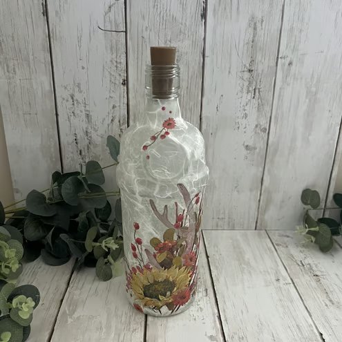 Decoupage Upcycled Glass Bottle Light - Sunflowers, Berries, Autumnal Home Decor