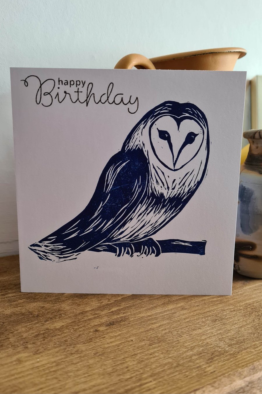 Owl birthday card handprinted linocut