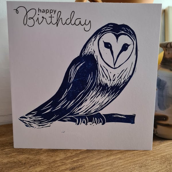 Owl birthday card handprinted linocut
