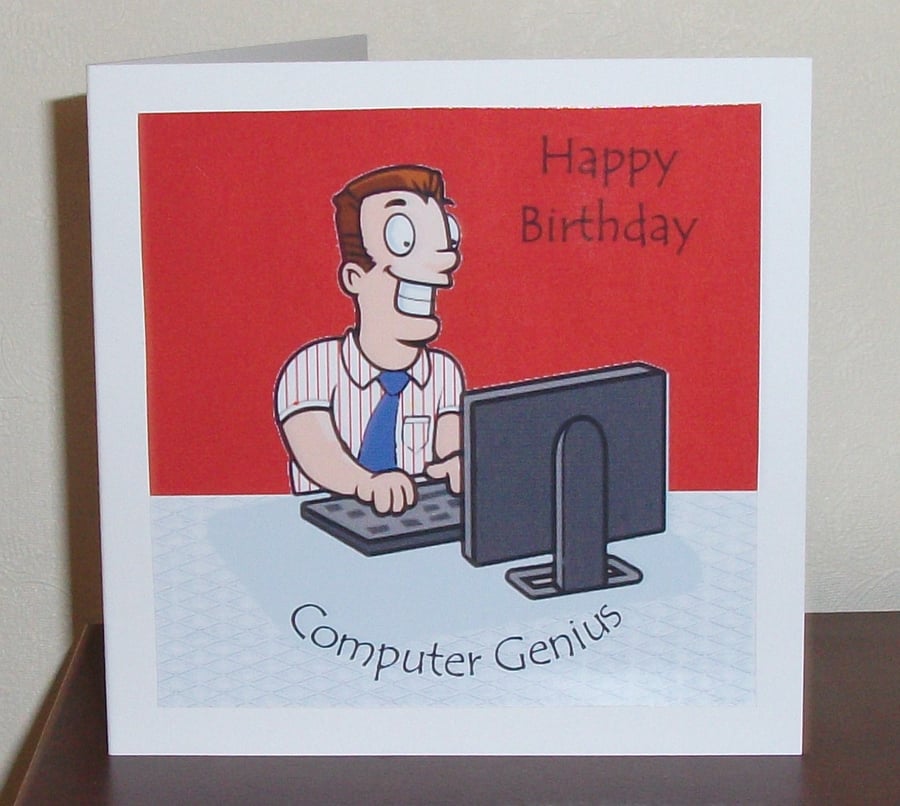 Male birthday card, computer user, red