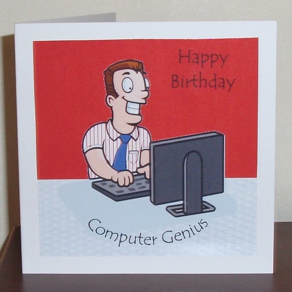 Male birthday card, computer user, red